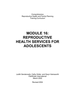 Reproductive Health Services for Adolescents