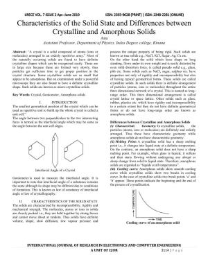 Characteristics of the Solid State and Differences Between Crystalline and Amorphous Solids