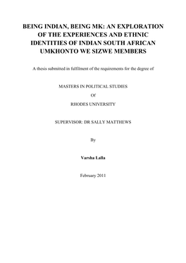 Being Indian, Being Mk: an Exploration of the Experiences and Ethnic Identities of Indian South African Umkhonto We Sizwe Members