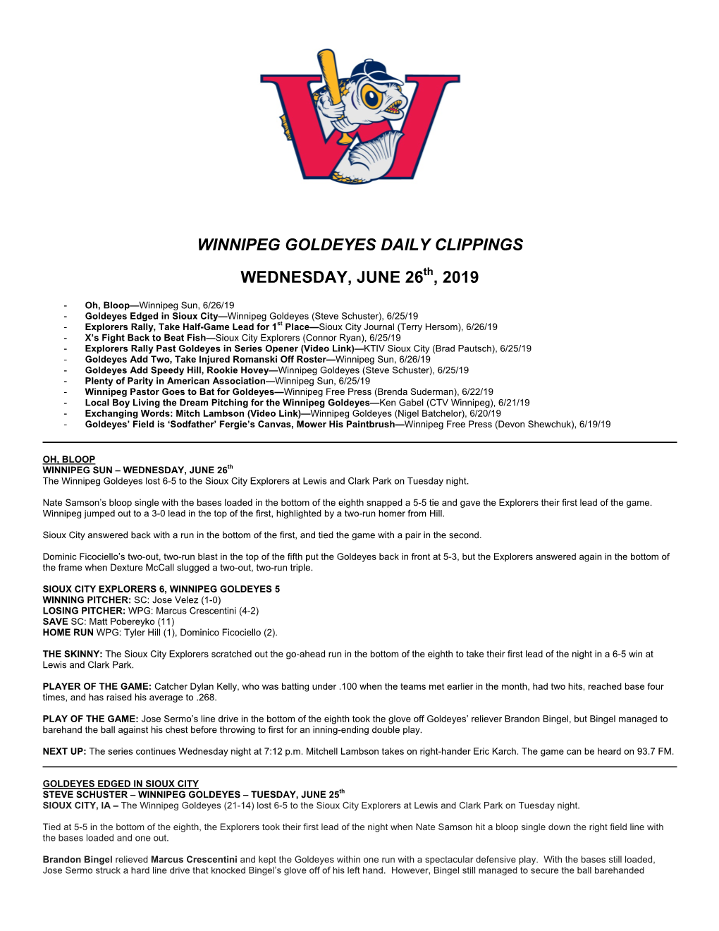 Winnipeg Goldeyes Daily Clippings Wednesday, June