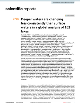 Deeper Waters Are Changing Less Consistently Than Surface Waters in a Global Analysis of 102 Lakes Rachel M