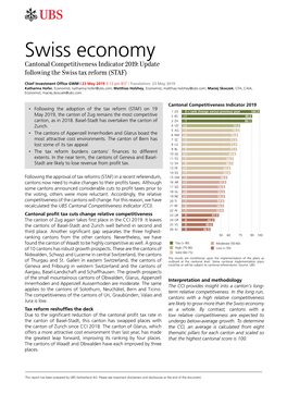 Swiss Economy Cantonal Competitiveness Indicator 2019: Update Following the Swiss Tax Reform (STAF)