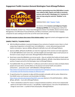 Engagement Toolkit: Investors Demand Washington Team #Changethename
