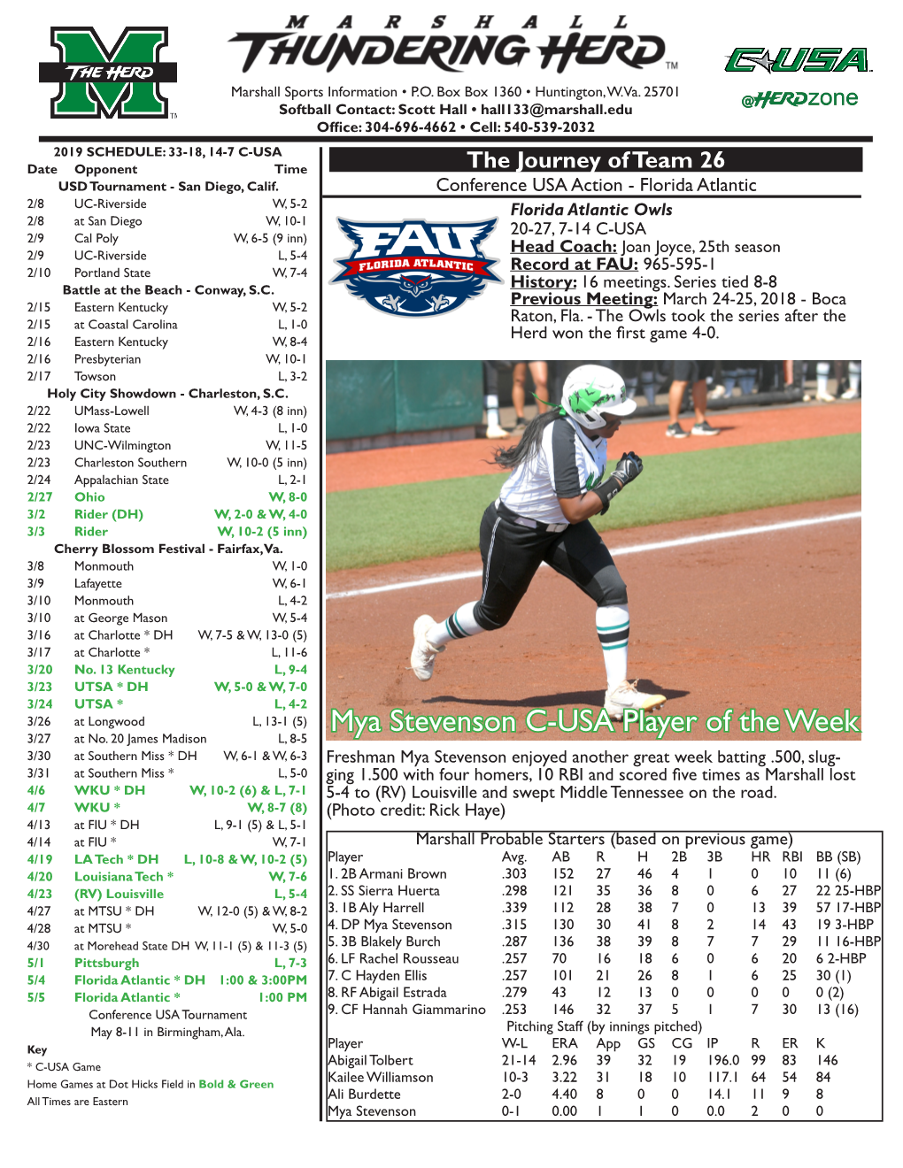 Mya Stevenson C-USA Player of the Week 3/27 at No