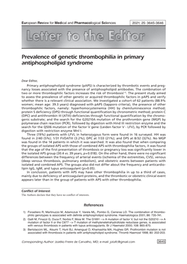 Prevalence of Genetic Thrombophilia in Primary Antiphospholipid Syndrome