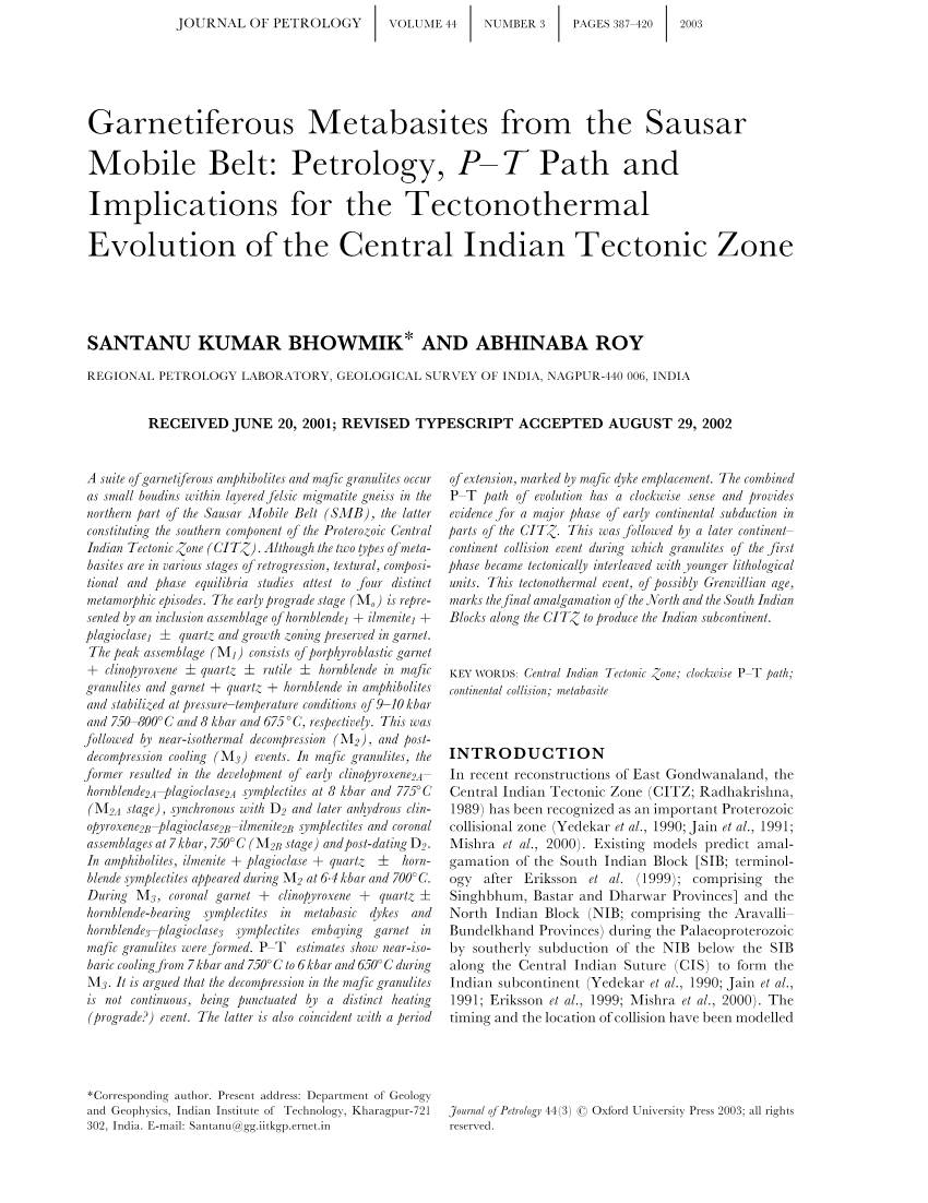 Petrology, P±T Path and Implications for the Tectonothermal Evolution of the Central Indian Tectonic Zone