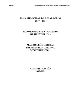 Plan Municipal De Desarrollo 2017 – 2021 Honorable