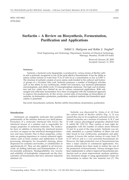 Surfactin – a Review on Biosynthesis, Fermentation, Purification and Applications