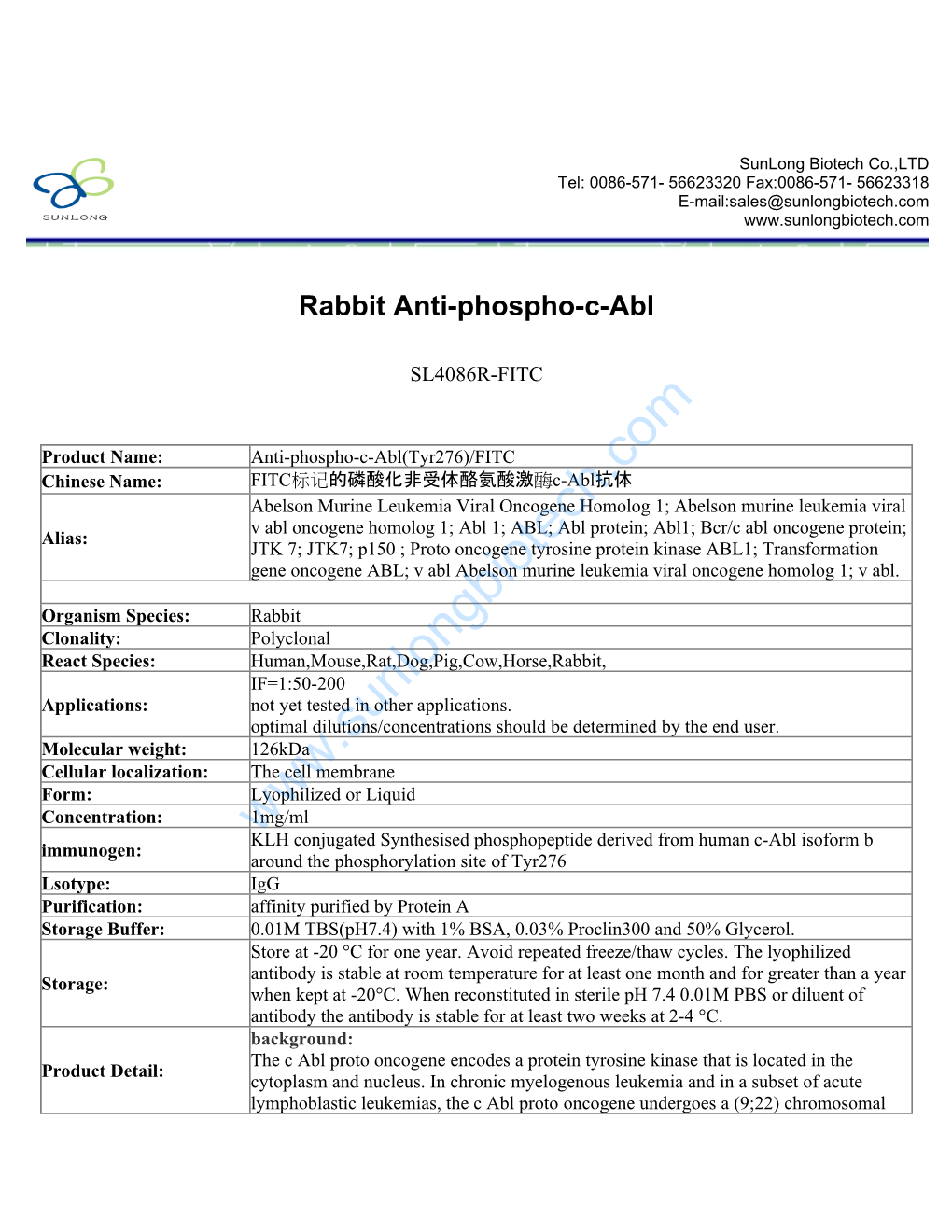 Rabbit Anti-Phospho-C-Abl-SL4086R-FITC