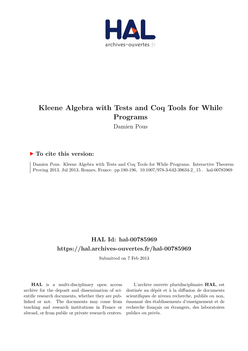 Kleene Algebra with Tests and Coq Tools for While Programs Damien Pous