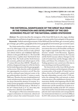 The Historical Significance of the Great Silk Road in the Formation and Development of the Geo-Economic Policy of the National Uzbek Statehood