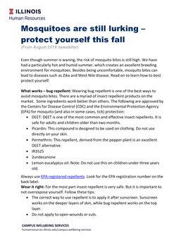 Mosquitoes Are Still Lurking – Protect Yourself This Fall (From August 2018 Newsletter)