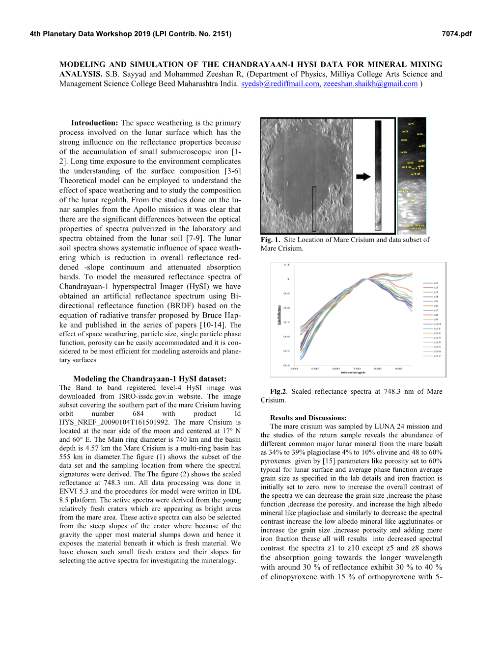 MODELING and SIMULATION of the CHANDRAYAAN-I HYSI DATA for MINERAL MIXING ANALYSIS. S.B. Sayyad and Mohammed Zeeshan R, (Departm