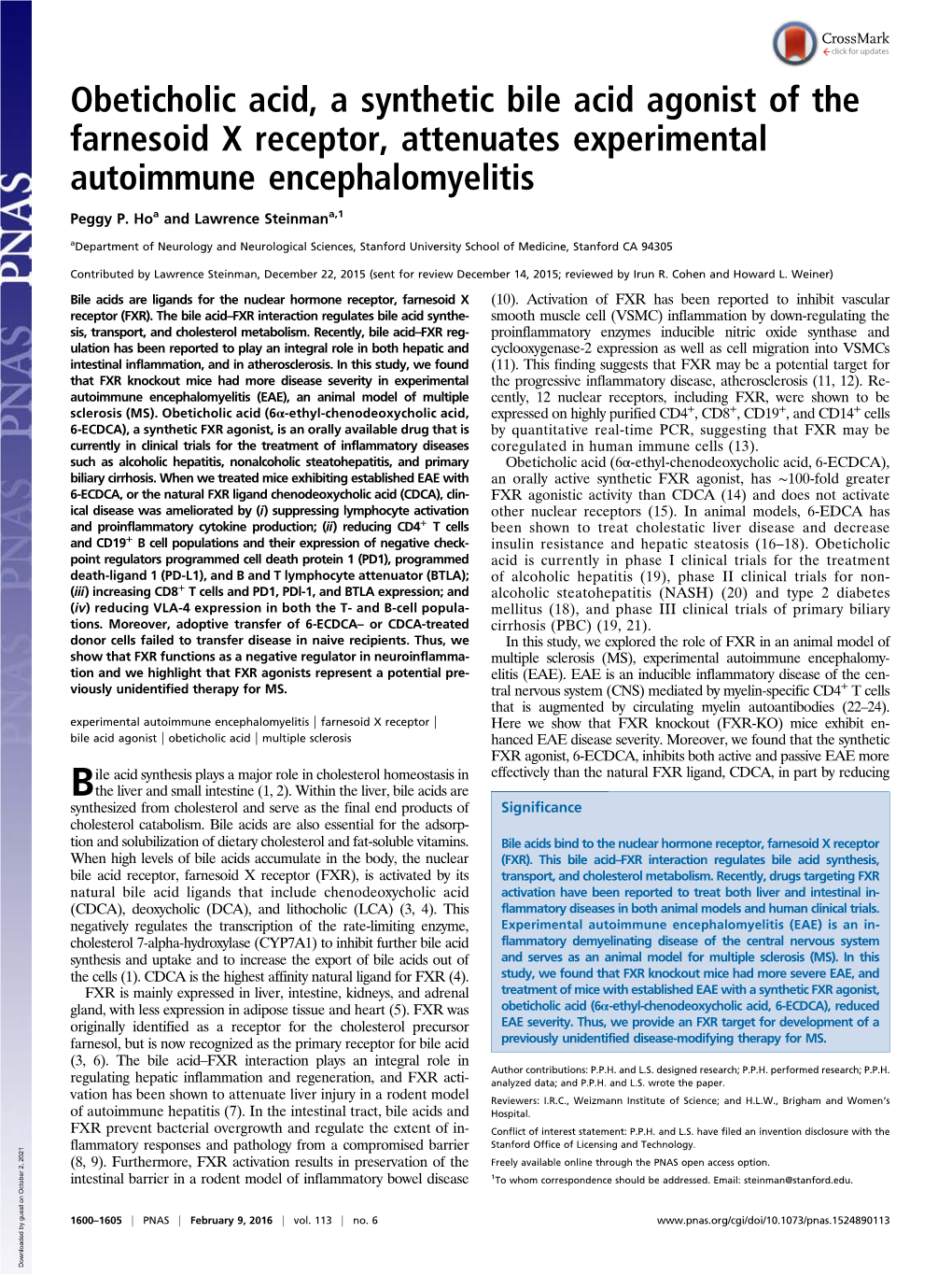 Obeticholic Acid, a Synthetic Bile Acid Agonist of the Farnesoid X Receptor, Attenuates Experimental Autoimmune Encephalomyelitis