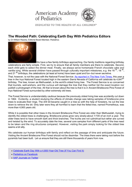 The Wooded Path: Celebrating Earth Day with Pediatrics Editors by Dr William Raszka, Editorial Board Member, Pediatrics