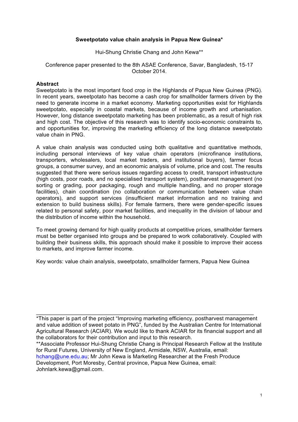 Sweetpotato Value Chain Analysis in Papua New Guinea*