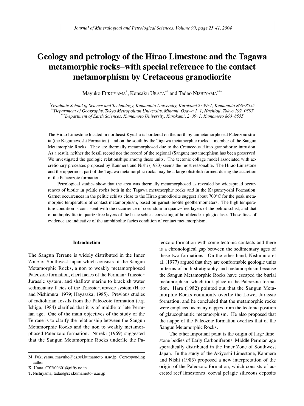 Geology and Petrology of the Hirao Limestone and the Tagawa Metamorphic Rocks−With Special Reference to the Contact Metamorphism by Cretaceous Granodiorite