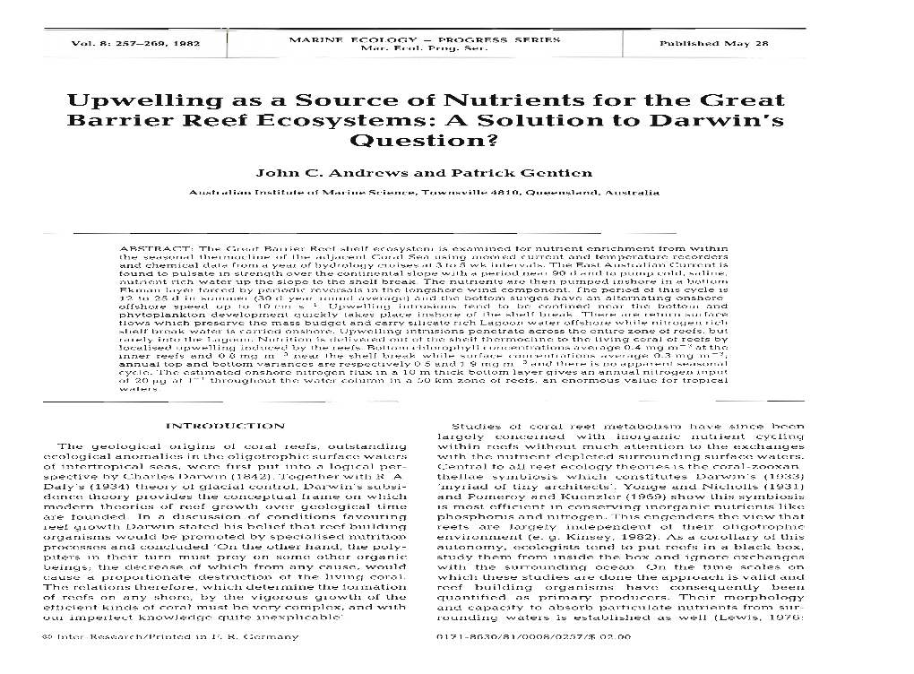 Upwelling As a Source of Nutrients for the Great Barrier Reef Ecosystems: a Solution to Darwin's Question?