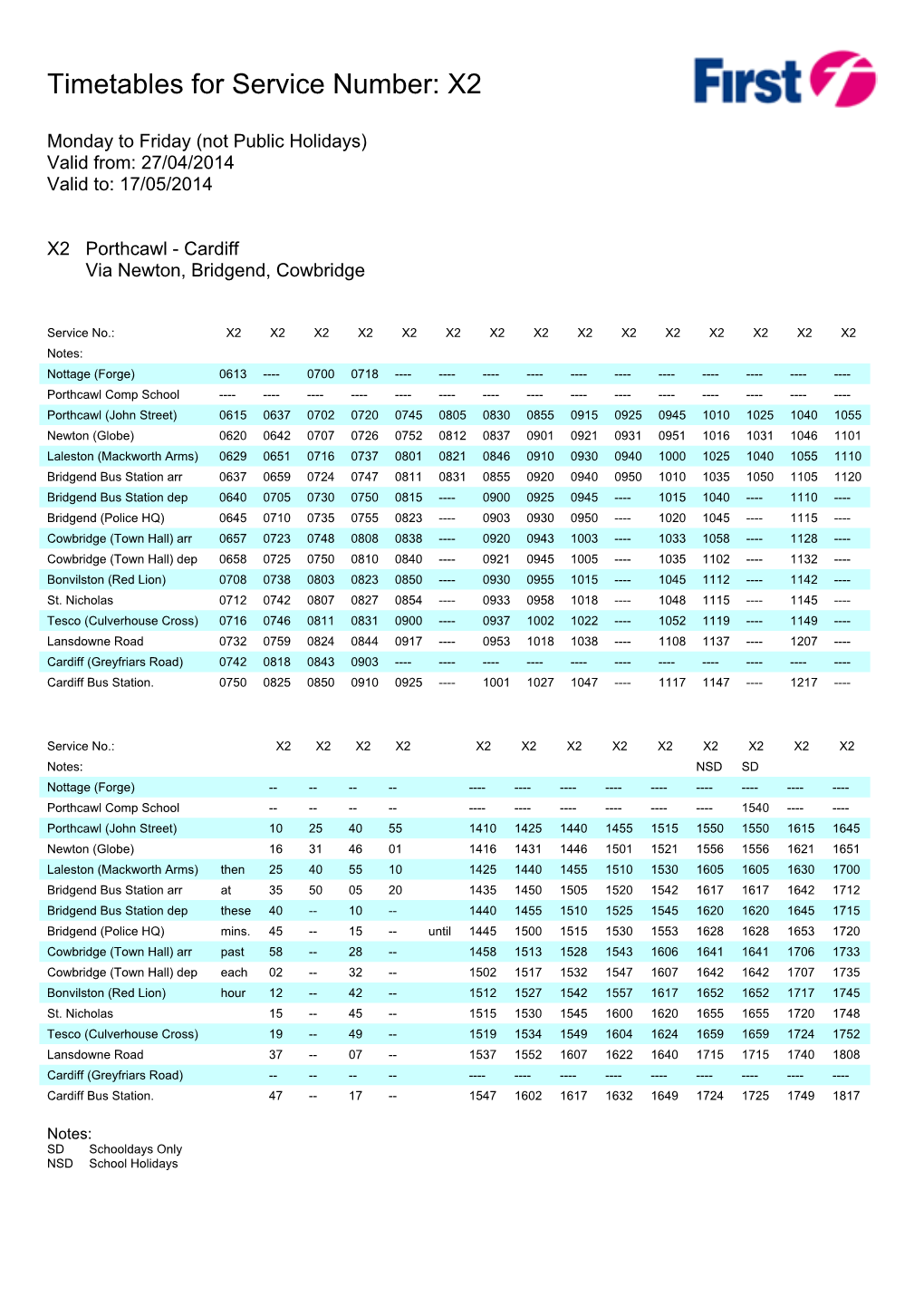 Timetables for Service Number: X2