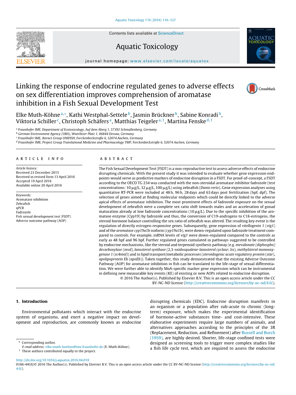 Aquatic Toxicology 176 (2016) 116–127