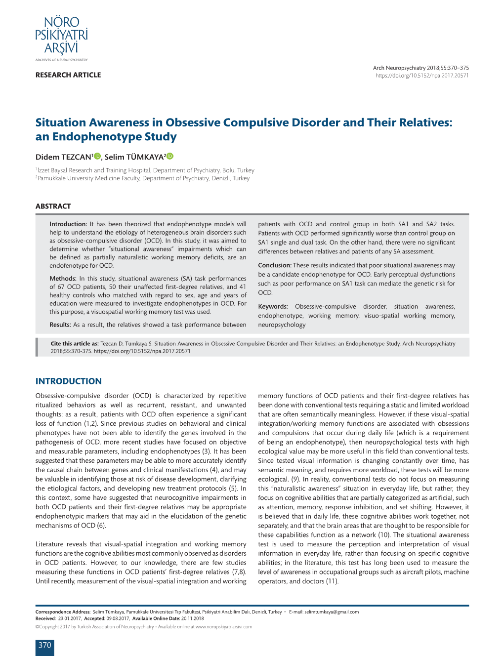 Situation Awareness in Obsessive Compulsive Disorder and Their Relatives: an Endophenotype Study