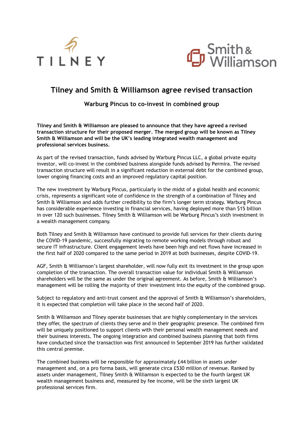 Tilney and Smith & Williamson Agree Revised Transaction