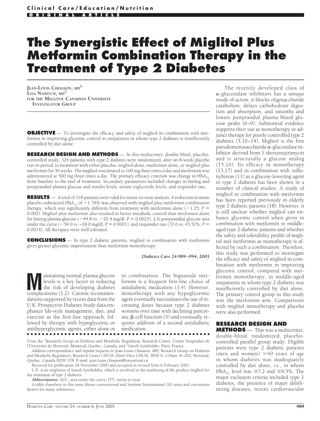 The Synergistic Effect of Miglitol Plus Metformin Combination Therapy in the Treatment of Type 2 Diabetes