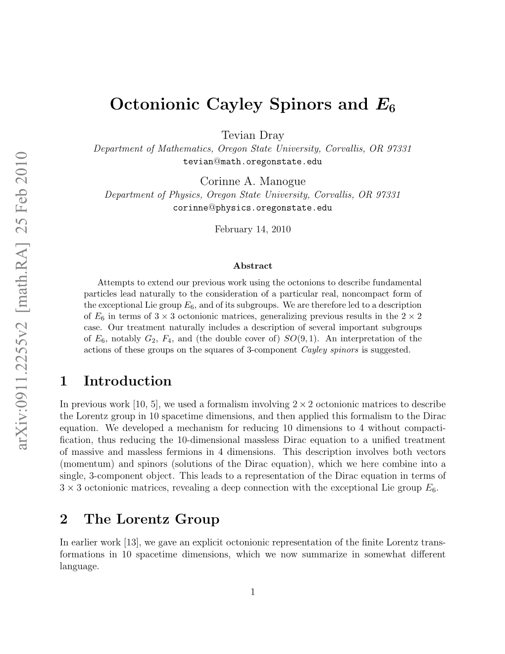 Arxiv:0911.2255V2 [Math.RA] 25 Feb 2010 Octonionic Cayley Spinors and E6