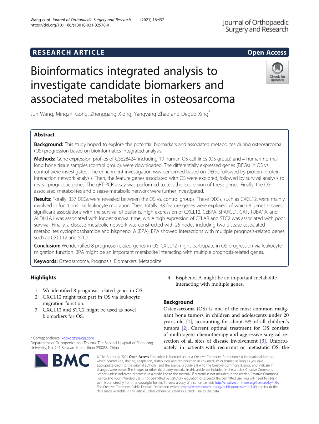 Bioinformatics Integrated Analysis to Investigate Candidate Biomarkers and Associated Metabolites in Osteosarcoma
