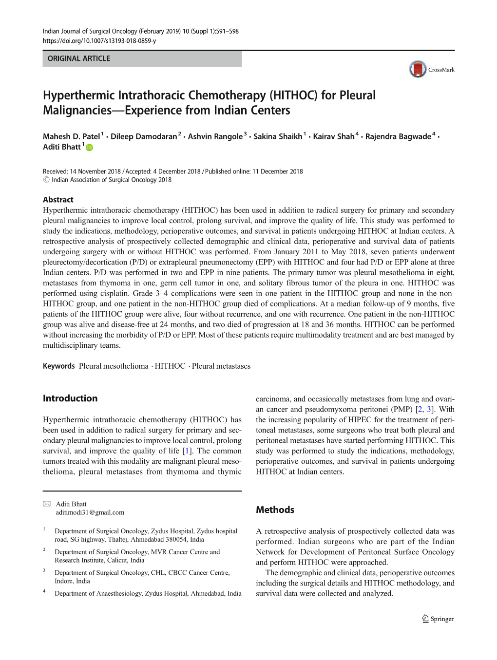 Hyperthermic Intrathoracic Chemotherapy (HITHOC) for Pleural Malignancies—Experience from Indian Centers