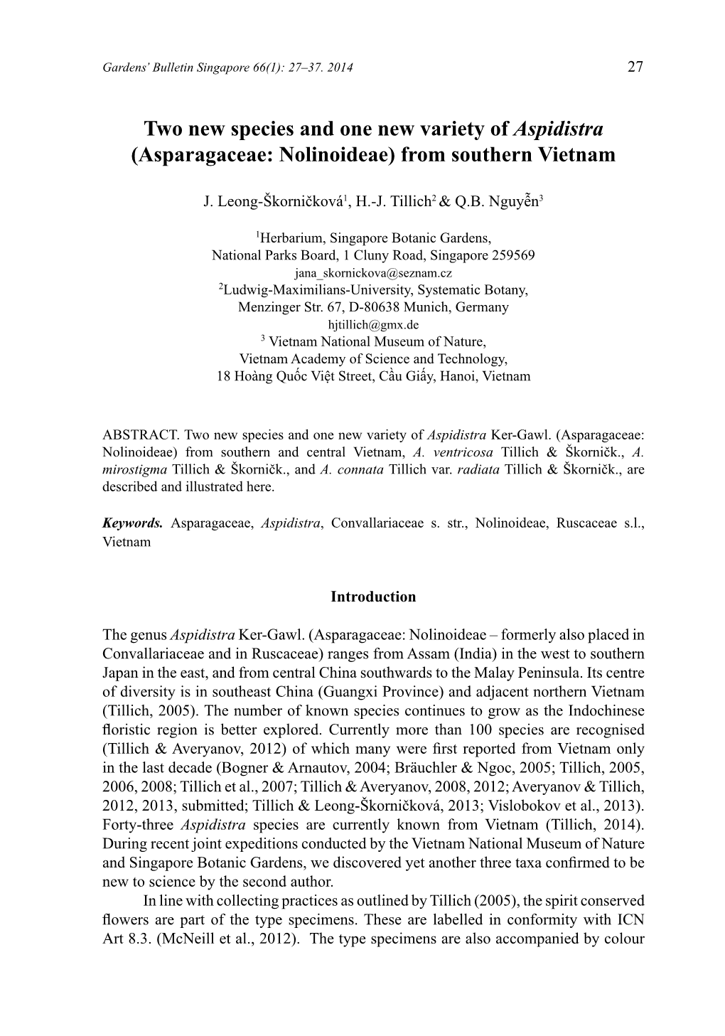 Two New Species and One New Variety of Aspidistra (Asparagaceae: Nolinoideae) from Southern Vietnam