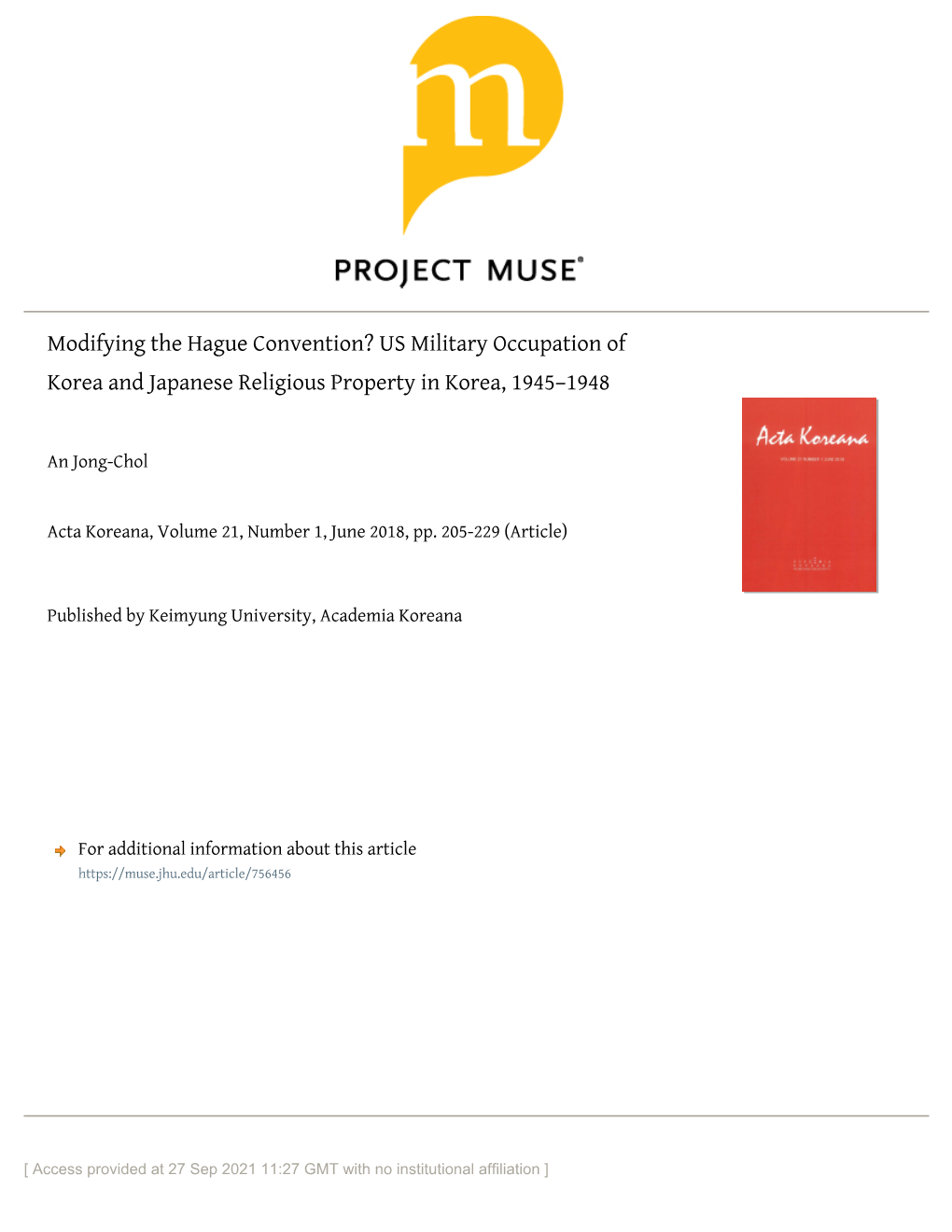 Modifying the Hague Convention? US Military Occupation of Korea and Japanese Religious Property in Korea, 1945–1948