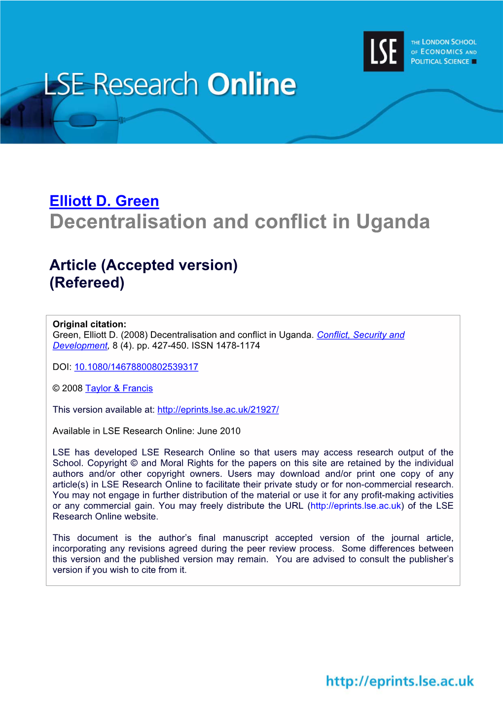Decentralisation and Conflict in Uganda