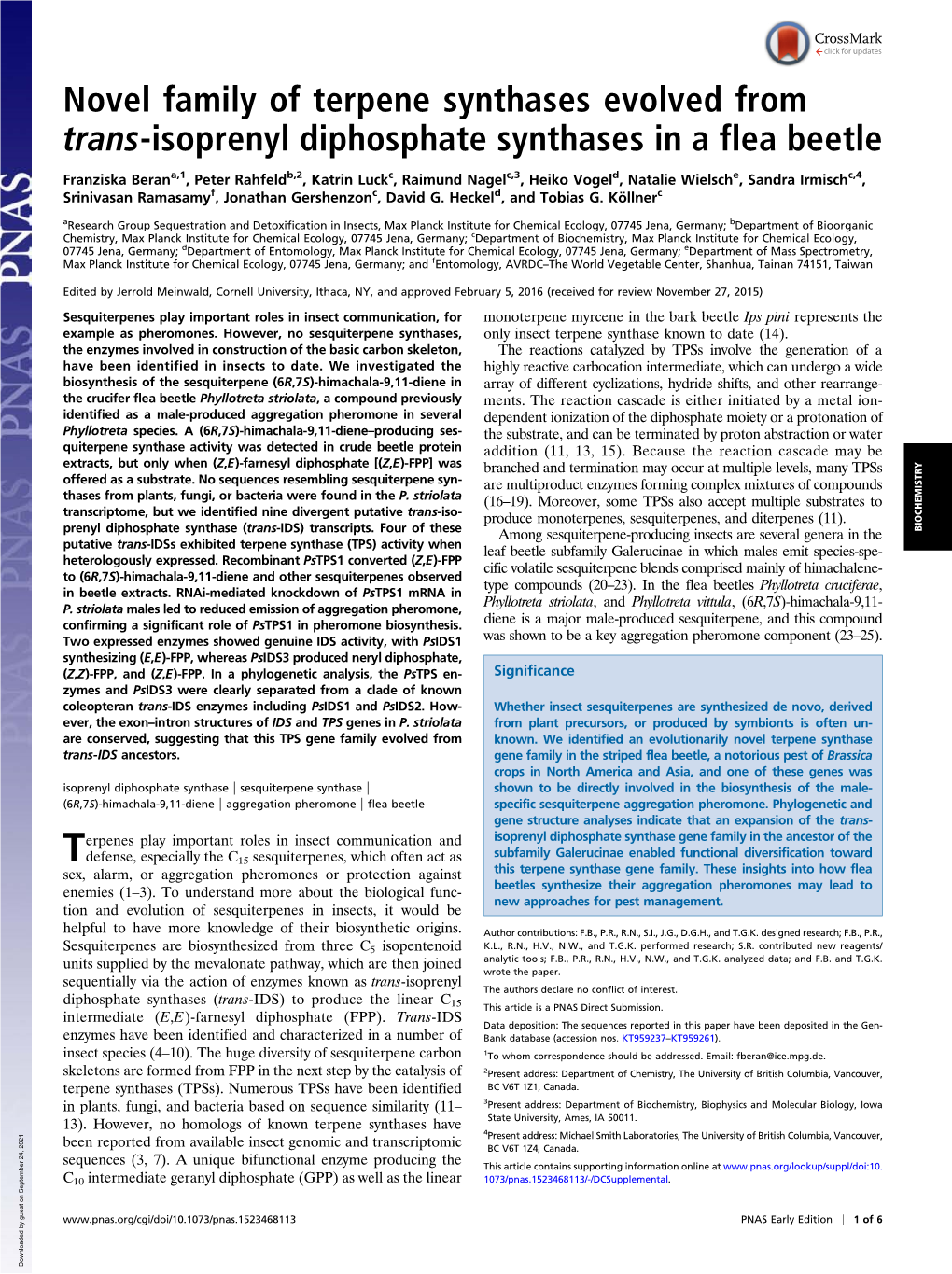 Novel Family of Terpene Synthases Evolved from Trans-Isoprenyl Diphosphate Synthases in a Flea Beetle