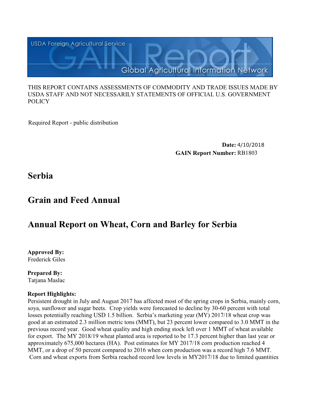 Annual Report on Wheat, Corn and Barley for Serbia Grain and Feed