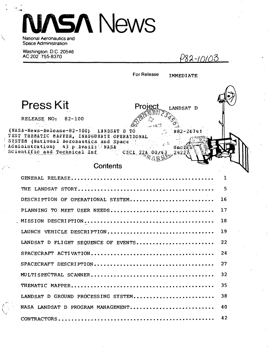 Press Kit Pr°I§£L LANDSAT D RELEASE NO: 82-100