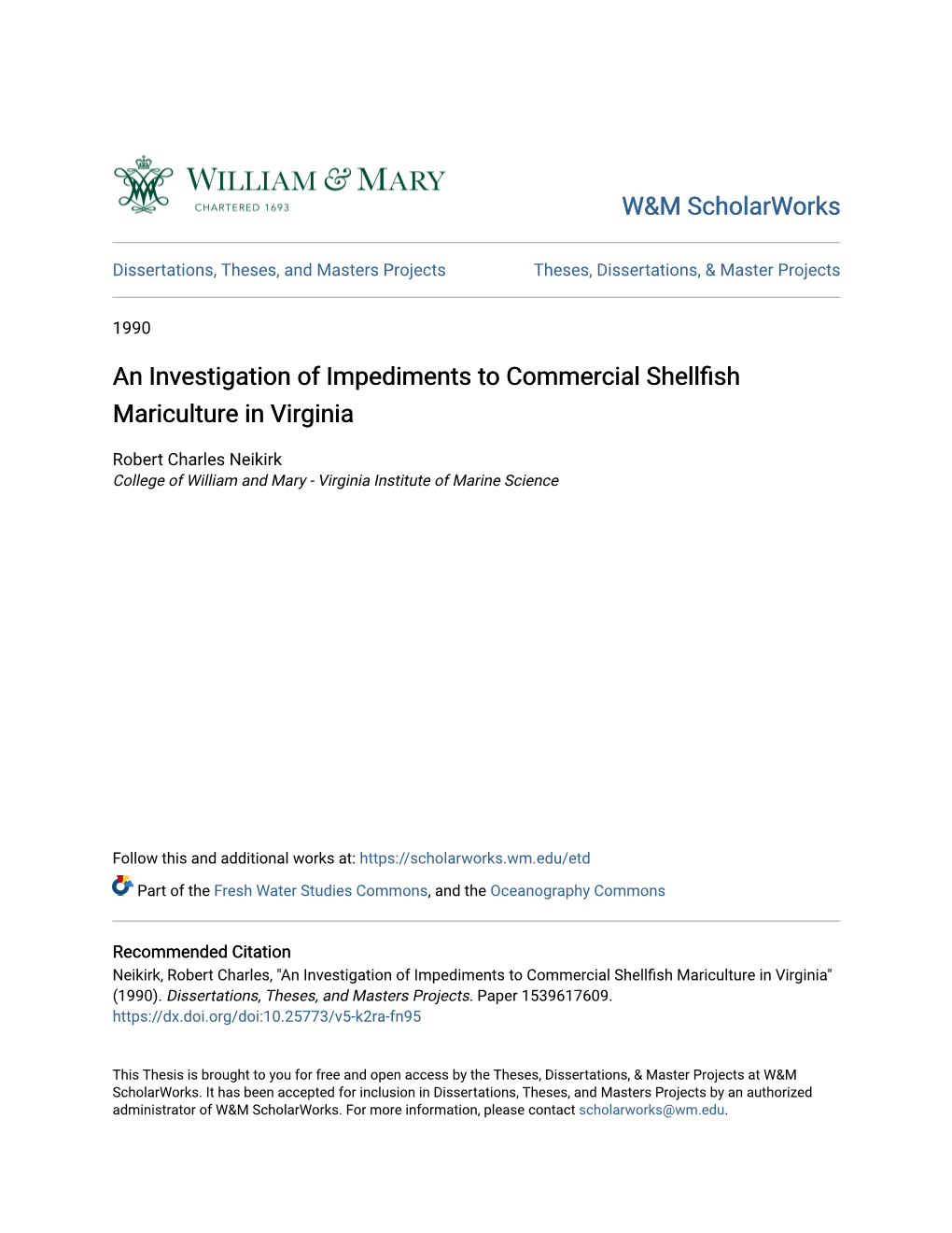 An Investigation of Impediments to Commercial Shellfish Mariculture in Virginia
