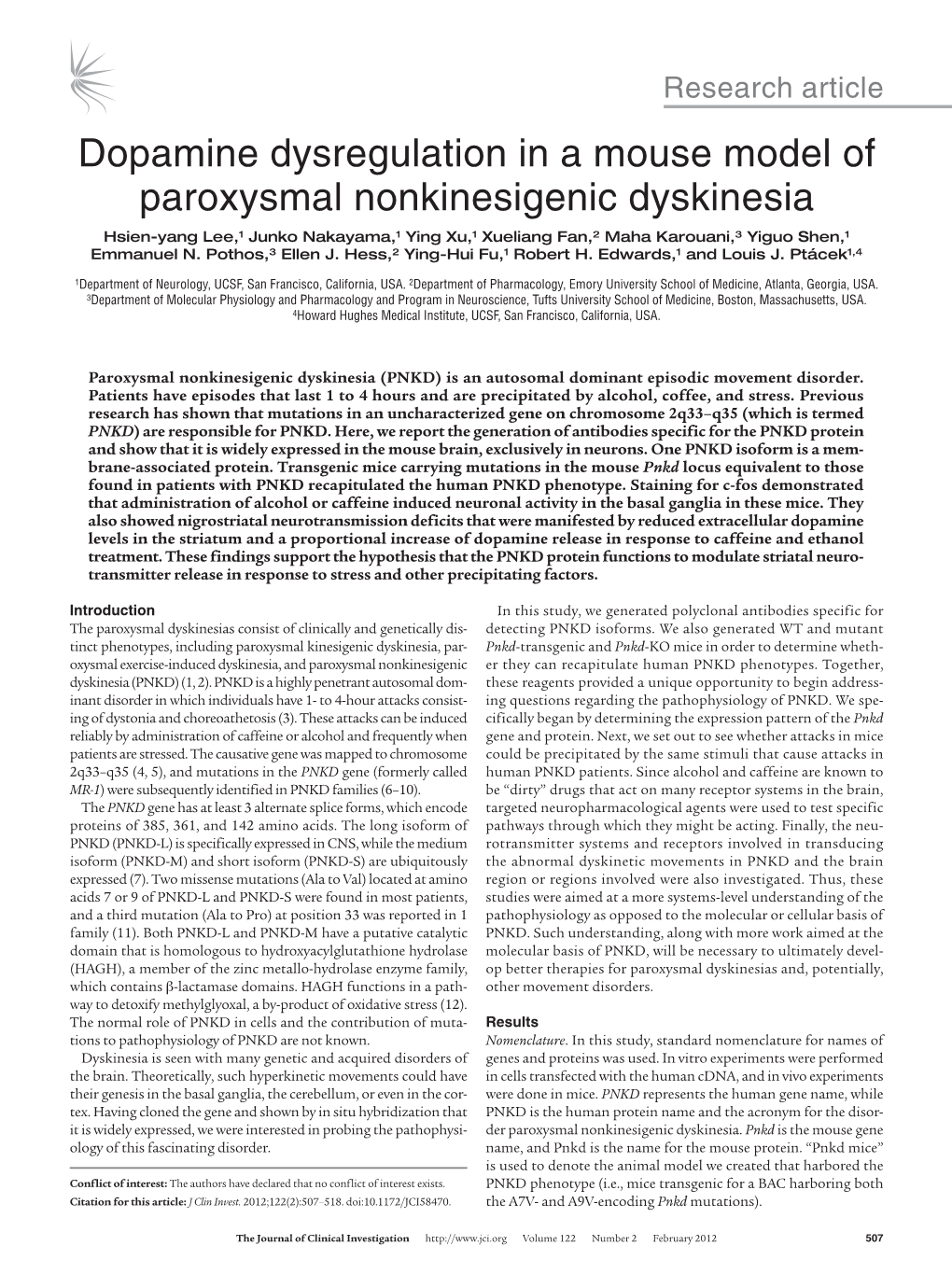 Dopamine Dysregulation in a Mouse Model of Paroxysmal Nonkinesigenic Dyskinesia