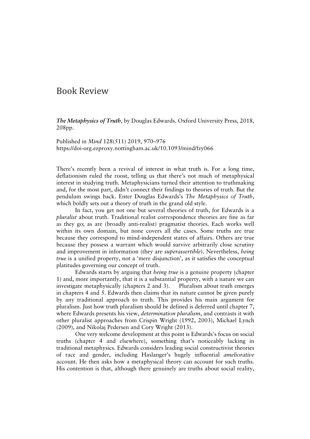 Edwards Metaphysics of Truth Review