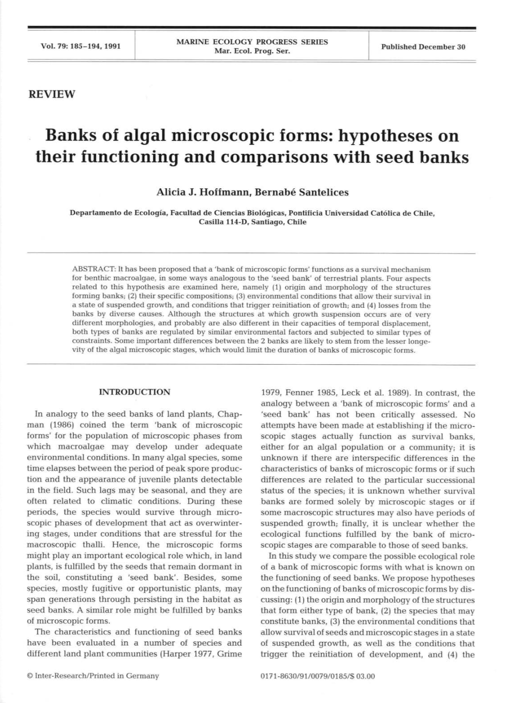 Banks of Algal Microscopic Forms: Hypotheses on Their Functioning and Comparisons with Seed Banks