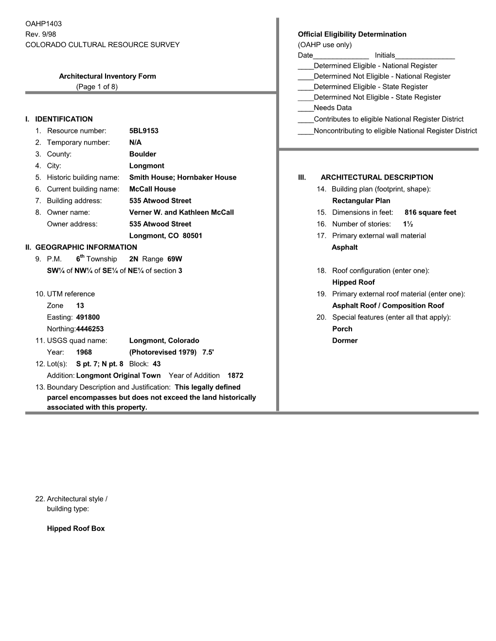 OAHP1403 Rev. 9/98 Official Eligibility Determination COLORADO