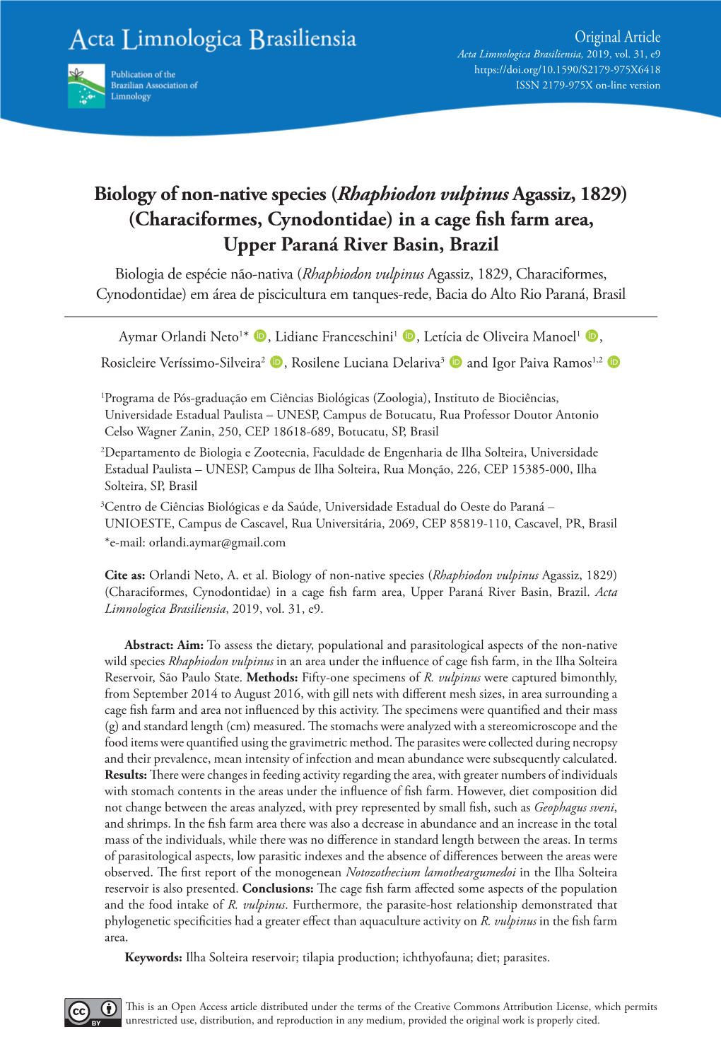 Biology of Non-Native Species (Rhaphiodon Vulpinus Agassiz, 1829) (Characiformes, Cynodontidae) in a Cage Fish Farm Area, Upper