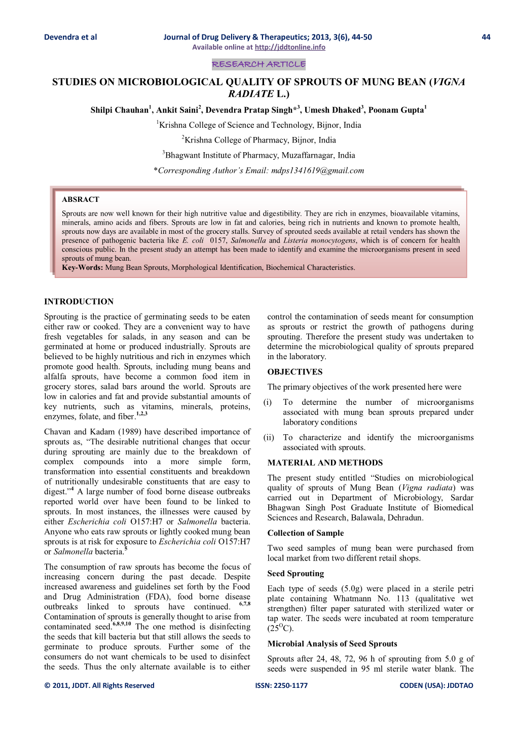 Studies on Microbiological Quality of Sprouts of Mung