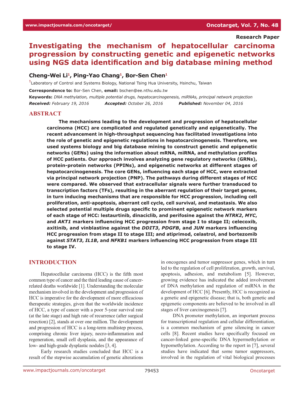 Investigating the Mechanism of Hepatocellular Carcinoma Progression by Constructing Genetic and Epigenetic Networks Using NGS Data Identification and Big Database Mining Method