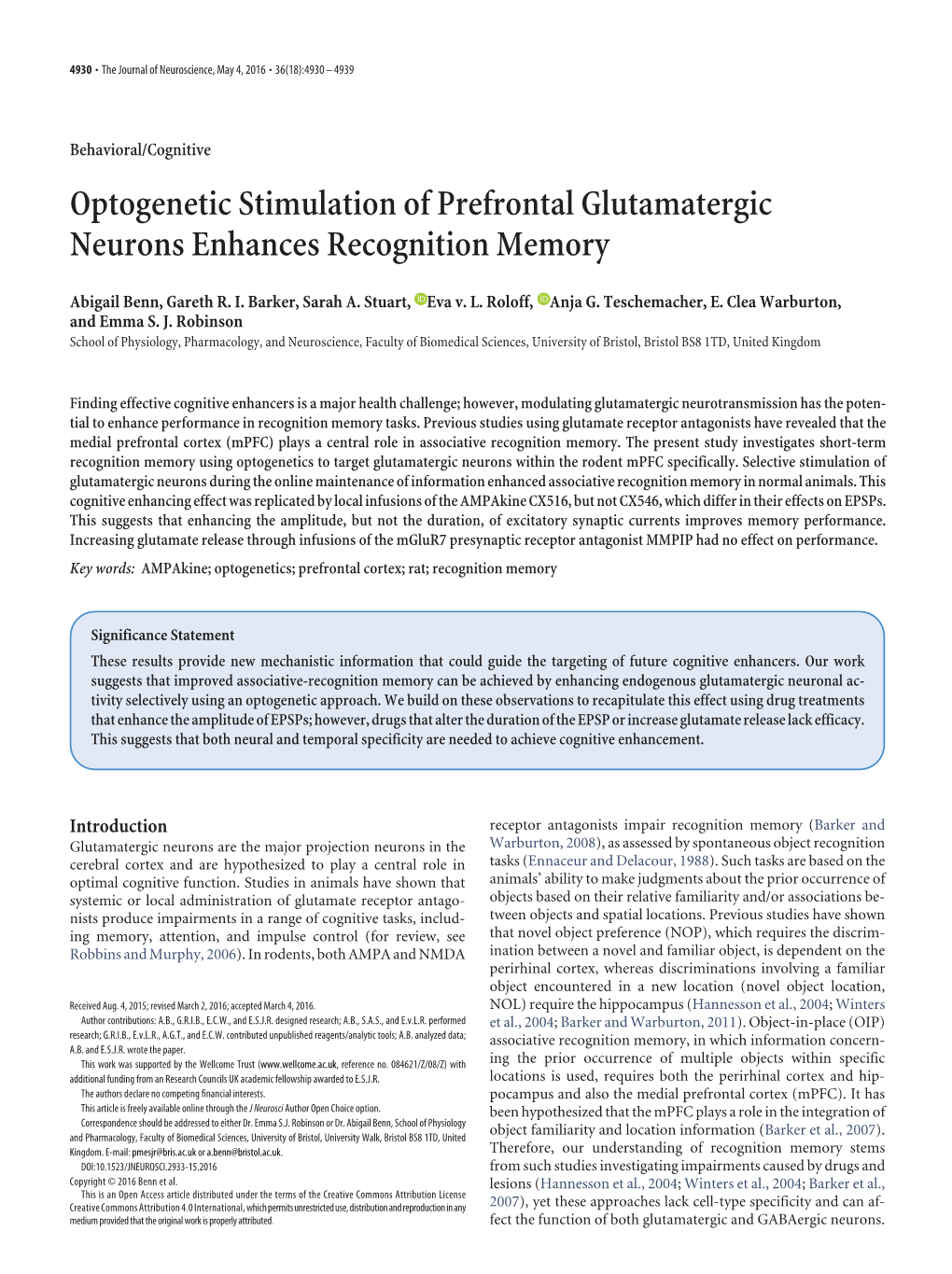 Optogenetic Stimulation of Prefrontal Glutamatergic Neurons Enhances Recognition Memory