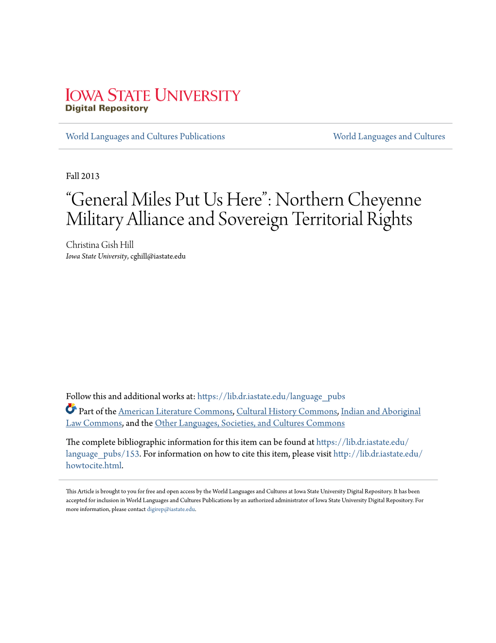 Northern Cheyenne Military Alliance and Sovereign Territorial Rights Christina Gish Hill Iowa State University, Cghill@Iastate.Edu