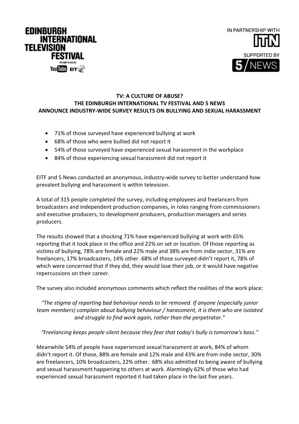 Tv: a Culture of Abuse? the Edinburgh International Tv Festival and 5 News Announce Industry-Wide Survey Results on Bullying and Sexual Harassment