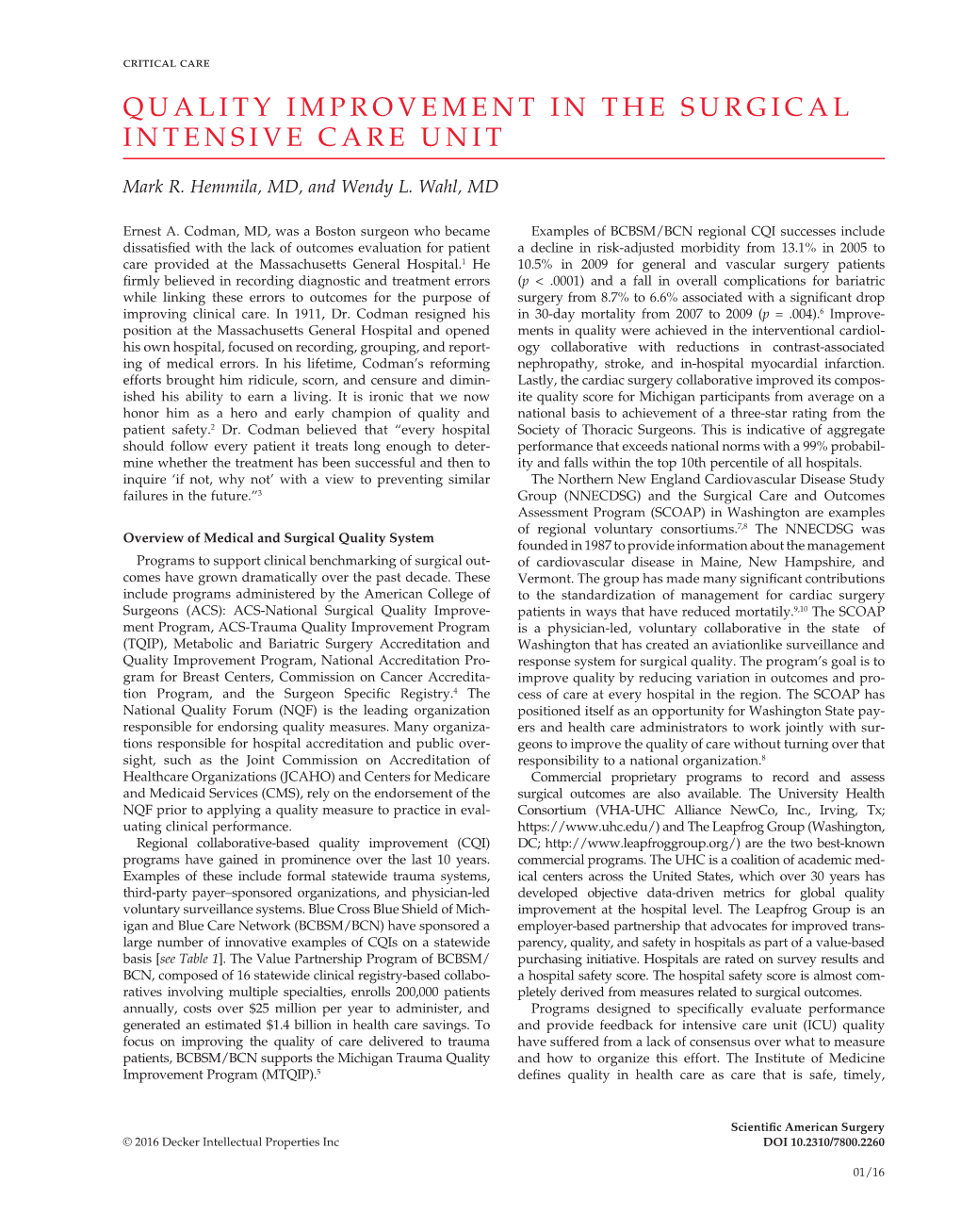 Quality Improvement in the Surgical Intensive Care Unit