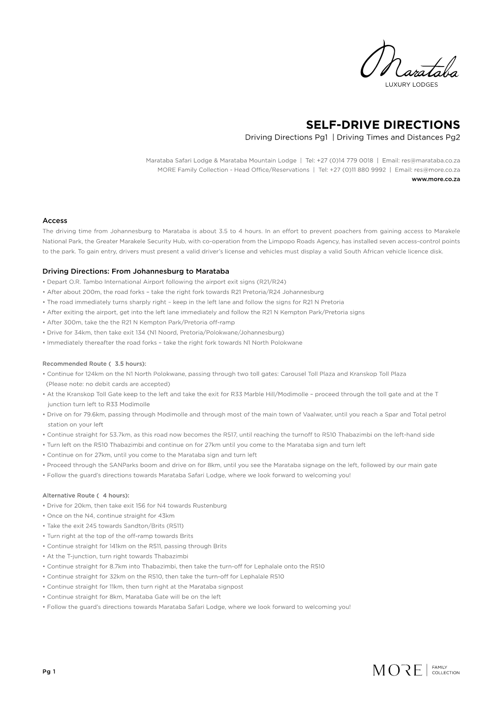 SELF-DRIVE DIRECTIONS Driving Directions Pg1 | Driving Times and Distances Pg2