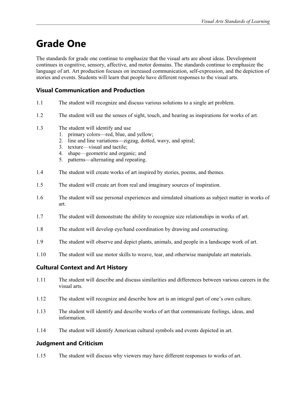 Visual Arts Standards of Learning